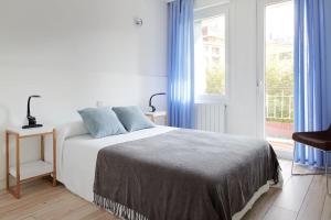 1 dormitorio con 1 cama con cortinas azules y ventana en Soroa Apartment en San Sebastián