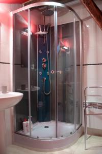 bagno con doccia in vetro e lavandino di Au Coeur du Lapidaire a Septmoncel
