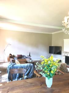 una sala de estar con sofá y un jarrón de flores en Ferienhaus Landhaus Vogtland in Bad Brambach OT Gürth, en Bad Brambach