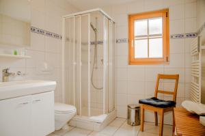a bathroom with a shower and a toilet and a sink at Apartment Bärhag - GRIWA RENT AG in Grindelwald