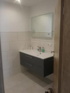 ein Bad mit einem Waschbecken und einem Spiegel in der Unterkunft Ferienwohnung Burry in Kapellen-Drusweiler