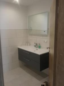 a bathroom with a sink and a mirror at Ferienwohnung Burry in Kapellen-Drusweiler +5 photos