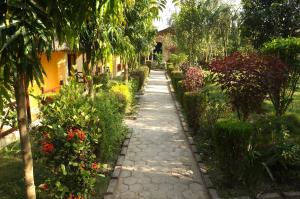 kamienna ścieżka w ogrodzie z drzewami i kwiatami w obiekcie Mr. B's Place w mieście Bhurkīā