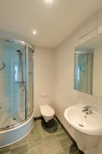 a bathroom with a toilet and a sink and a shower at PREMIER SUITES Dublin, Sandyford in Sandyford