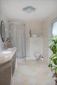 a bathroom with a shower and a toilet and a sink at Hotel Albergo Mamma Rosa in Wunsiedel
