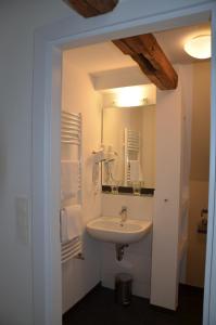 a bathroom with a sink and a mirror at Hotel Hahnmühle 1323 in Coburg