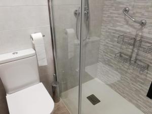 La salle de bains est pourvue de toilettes et d'une douche en verre. dans l'établissement Urbanización La Barria 115, à Nueva de Llanes