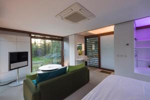 a living room with a couch and a tv at Domaine de Ronchinne - Insolites in Maillen