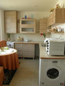 kuchnia z pralką i stołem w obiekcie Apartments Meixner w Mariańskich Łaźniach