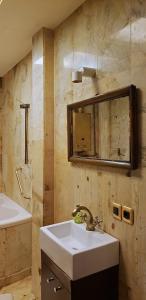 a bathroom with a sink and a mirror at Comfy & Cosy Apartment in Katowice