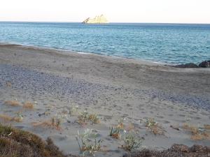 een zandstrand met een rots in het water bij Akti Rooms in Xerokampos