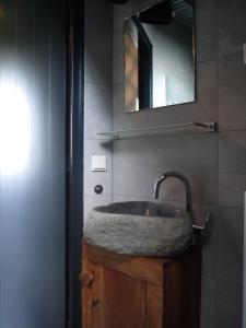 a bathroom with a sink and a mirror at Vakantiehuis Hof Molenzicht in Oostkapelle +25 photos