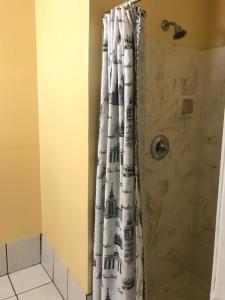 a shower with a shower curtain in a bathroom at Hacienda Motel in Escondido
