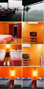 a series of four pictures of a bedroom with beds and a television at เฟรนด์แคมป์ in Khao Kho