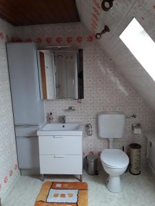 un bagno con un lavandino bianco e un water di Ferienwohnung Irmgard a Nördlingen Altre 7 foto