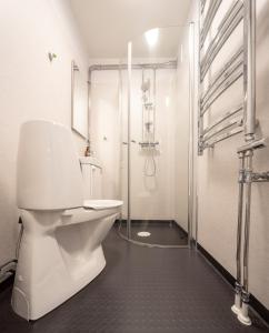 La salle de bains blanche est pourvue d'une douche et de toilettes. dans l'établissement Abisko Hostel, à Abisko