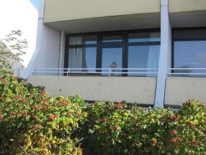 - un bâtiment blanc avec un balcon orné de fleurs rouges dans l'établissement Ferienwohnung Ananda auf Fehmarn, à Fehmarn