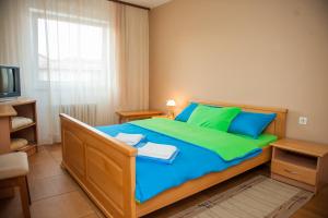 a bedroom with a large bed with blue and green sheets at Prenoćište "NACIONAL" in Prnjavor