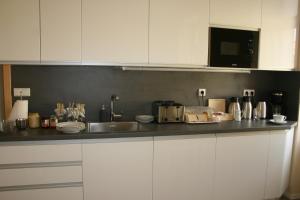 a kitchen with white cabinets and a sink at Lázeňský dům Florentini in Teplice