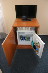 a small refrigerator with a tv on top of it at Lázeňský dům Florentini in Teplice
