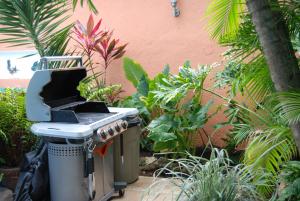 a barbecue grill in a garden with plants at Hotel Villas Las Anclas in Cozumel