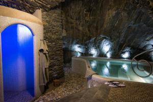 a bathroom with a swimming pool with a blue door at Hotel Ad Gallias in Bard