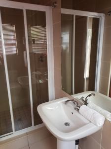 een badkamer met een wastafel en een douche bij Presidensie Guest Rooms in Potchefstroom