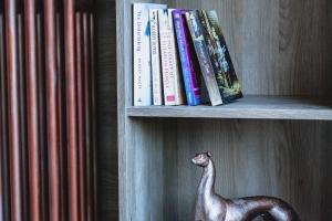a book shelf with books and a toy giraffe on it at Clarendon Suites in Dublin