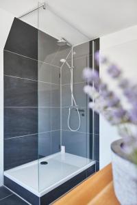 een badkamer met een glazen douchecabine bij Glücksferien- Gänseblümchen in Glücksburg