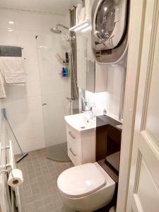a bathroom with a toilet and a washing machine at Parantolankatu modern one room apartment in Hyvinkää