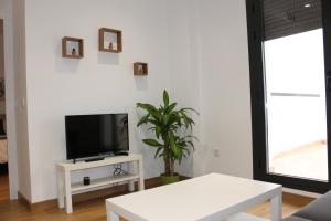 a living room with a tv and a table at Apartamentos La Luna in La Solana