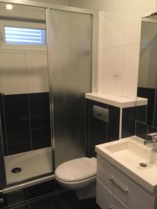 a bathroom with a shower and a toilet and a sink at Galeb in Vodice +117 photos