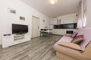 Apartments Sunset Dolac في بريموستين: غرفة معيشة مع أريكة وتلفزيون بشاشة مسطحة