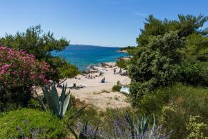 einen Strand mit Menschen auf Sand und Wasser in der Unterkunft Apartments Sunset Dolac in Primošten