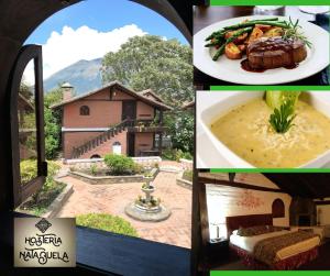 Hotel y Hosteria Natabuela في Natabuela: مجموعة من الصور مع منزل وصحن من الطعام