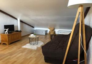 ein Wohnzimmer mit einer schwarzen Couch und einem Fernseher in der Unterkunft Appartement Cosy in Les Angles