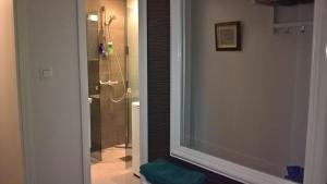 a bathroom with a shower and a glass window at Piriko City Centre Apartment in Rovaniemi +25 photos