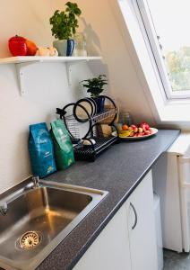 27 Vestergade في توندر: طاولة مطبخ مع حوض وصحن من الفواكه