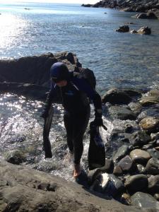 a woman walking along the rocks in the water at Cala Rosa Club Hotel in Stintino