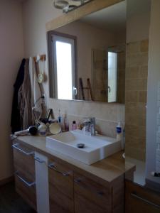een badkamer met een witte wastafel en een spiegel bij La Risloise in Corneville-sur-Risle