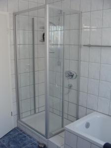 a shower with a glass door in a bathroom at Ferienhaus Landblick in Geldern