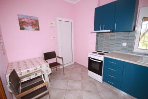 a kitchen with blue cabinets and a table and a stove at ZEPHYROS ROOMS in Ormos Panagias