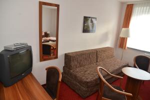 a living room with a couch and a tv at Haus Sankt Florian in Halberstadt