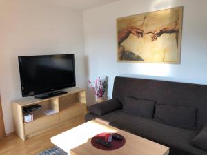 sala de estar con sofá y TV de pantalla plana en Ferienwohnung Aretsried 2, en Fischach