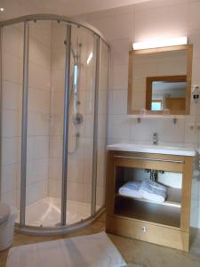 uma casa de banho com um chuveiro e um lavatório. em Gollehenhof em Sankt Johann im Pongau