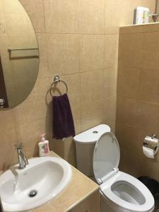 ウタイターニーにあるSUNRAY Guesthouse สุนันท์บ้านพักริมคลองのバスルーム(トイレ、洗面台、鏡付)