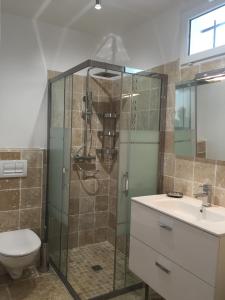 La salle de bains est pourvue d'une douche, de toilettes et d'un lavabo. dans l'établissement Le Mazet De Trial, à Aubais