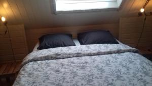 uma cama num pequeno quarto com uma janela em B&B Greenhouse 37 em Langemark