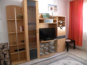 uma grande estante de livros de madeira com uma televisão em Dream Holiday Busteni em Buşteni