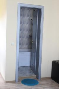 a bathroom with a shower with a door and a rug at Vila Meteor in Cluj-Napoca